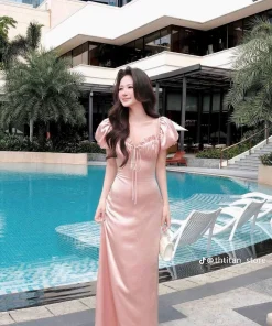 Pass đầm lụa dài hồng TBB