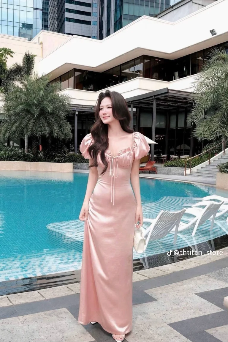 Pass đầm lụa dài hồng TBB
