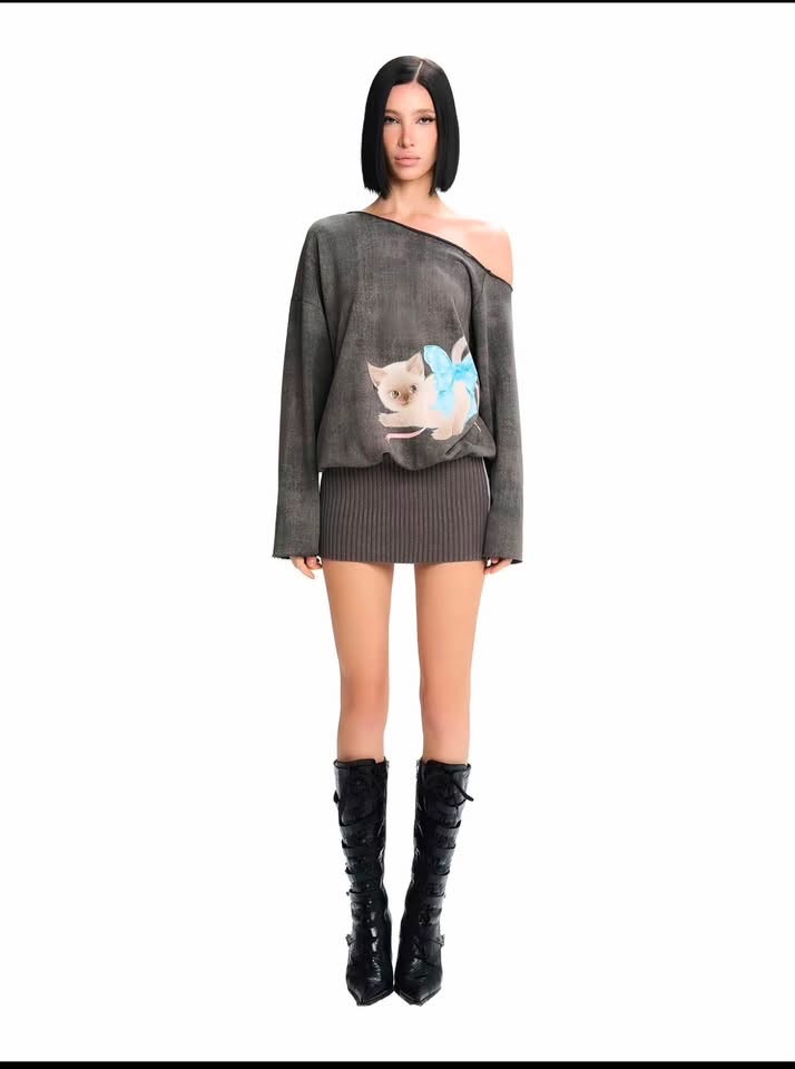 Pass đầm xám trễ vai tay dài con mèo LSOUL size XL