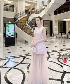 Pass đầm dài ren hoa màu hồng Trân Ali