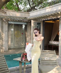 Pass đầm dài body vàng be Trân Ali