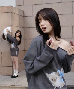 Alternative view of Pass đầm xám trễ vai tay dài con mèo LSOUL size XL