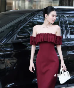Đầm trễ vai xếp ly Trân Ali
